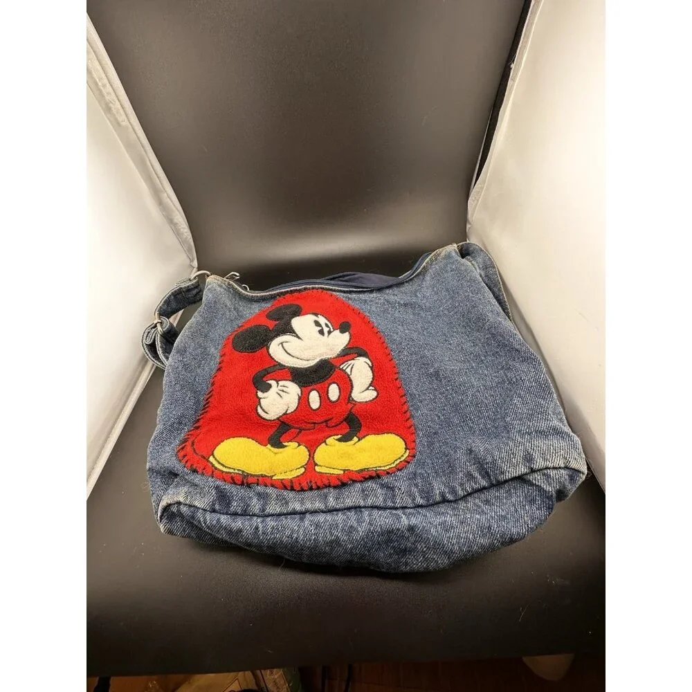 Vtg Mickey‎ Mouse Disney 1990s Dark Denim Jean Purse Bag Patches Zippers READ